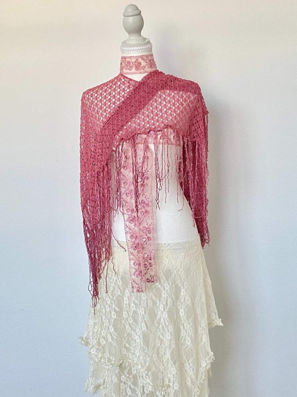 Vintage Y2K Inspired Style Pink Crochet Poncho Sheer Fringe Shawl Fairycore Coqu